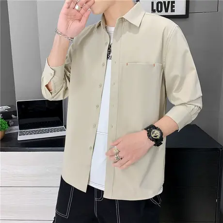 衬衫男士长袖秋季痞帅衬衣港风日系纯色上衣薄款休闲工装外套帅气商品大图
