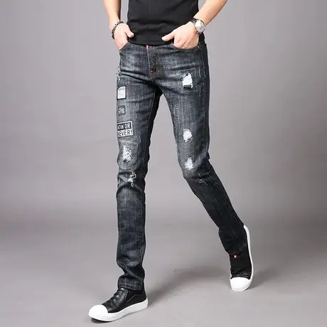 秋冬男款男士破洞乞丐牛仔裤男2023新款弹力休闲修身小脚裤子男款商品大图
