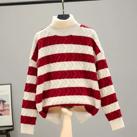 条纹女针织衫毛衣女2023春装新款韩版宽松厚款打底衫上衣长袖内搭商品大图