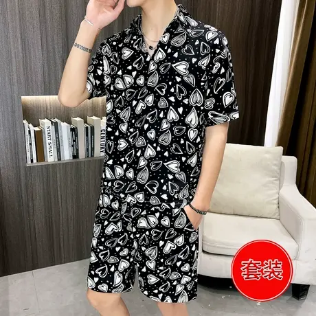 短袖男夏季帅气V领T恤潮流休闲五分裤搭配衣服一套装宽松新款夏装商品大图