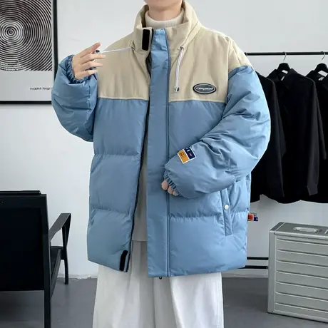 美式拼色立领棉衣外套男冬季加厚棉袄子青少年潮牌棉服宽松面包服商品大图