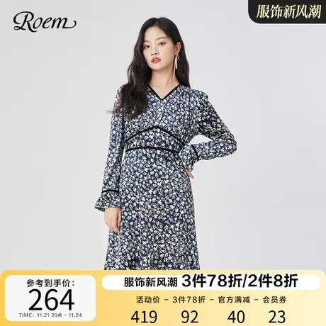 Roem商场同款休闲淑女连衣裙秋冬韩版淑女气质印花连衣裙女图片
