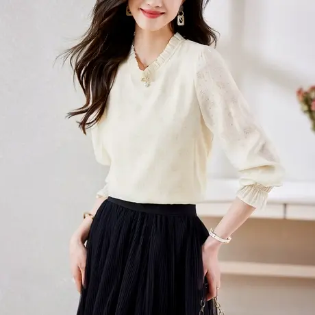 时尚气质淑女长袖衬衫2023年春季新款温柔宽松显瘦通勤花边领上衣图片