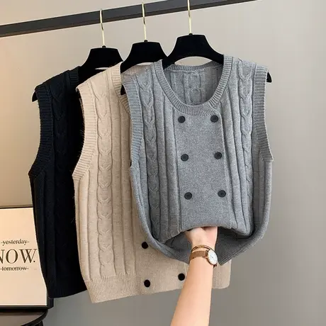 圆领双排扣麻花纯色针织马甲女2025年新款韩版毛衣背心无袖坎肩图片