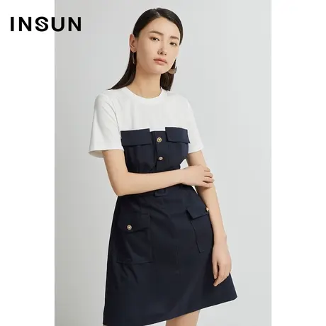 INSUN恩裳线上专选夏季撞色假两件修身连衣裙图片