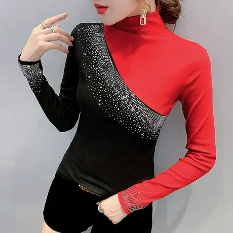 磨毛打底衫女秋冬新款洋气百搭拼色烫钻T恤女长袖半高领保暖上衣商品大图