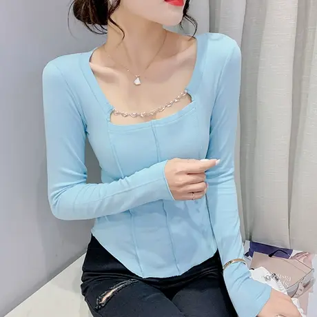 早秋时尚方领T恤女长袖欧货设计感链条洋气上衣不规则高腰打底衫图片