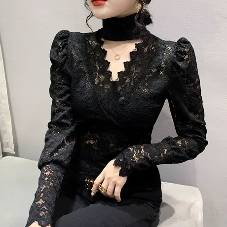 性感V领蕾丝打底衫女春秋欧货内搭洋气高领上衣修身黑色长袖T恤潮图片