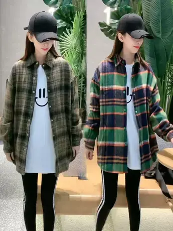 2023秋冬新款加绒加厚格子衬衣女拼接小众保暖遮肉显瘦气质衬衫潮图片