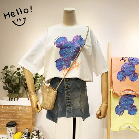 2021夏季新款短袖女小众设计感上衣韩国东大门ins亮片卡通T恤大码图片