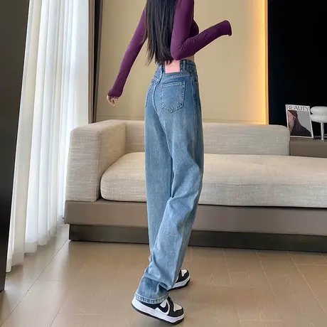 复古蓝窄版直筒牛仔裤女2023秋季新款高腰显瘦宽松百搭阔腿拖地裤商品大图