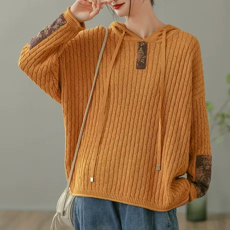 dza 复古棉线长袖毛衣外套女士秋冬连帽针织衫宽松上衣休闲打底衫图片