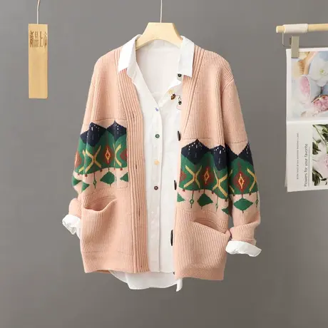 慵懒风文艺加厚针织衫女长袖秋冬2023年新款宽松毛衣开衫外套女装商品大图