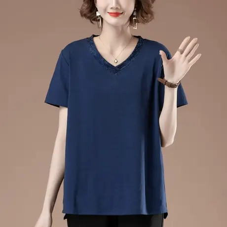 中年妈妈短袖t恤女夏季新款加肥加大码女装宽松纯棉洋气显瘦体恤商品大图