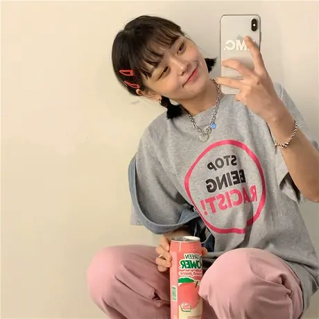 盐系少女2023新款韩版夏装慵懒风宽松bf字母纯棉短袖T恤上衣ins图片