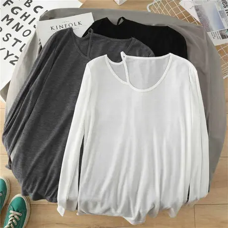 不规则露肩冰丝长袖t恤女夏季宽松韩版纯色百搭显瘦V领针织防晒衣商品大图