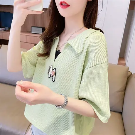 小众设计感撞色短袖t恤女夏季韩版宽松短款翻领polo衫假两件上衣图片