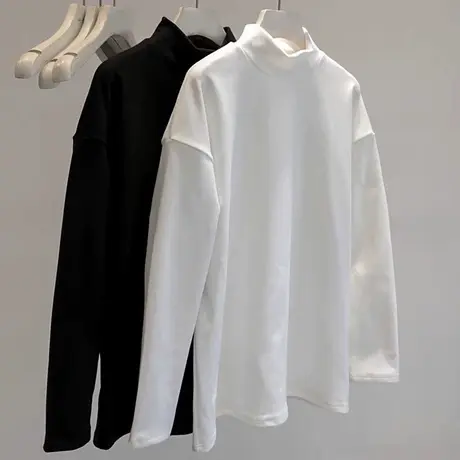 秋冬季德绒保暖打底衫女韩版宽松半高领上衣加绒加厚内搭长袖T恤商品大图