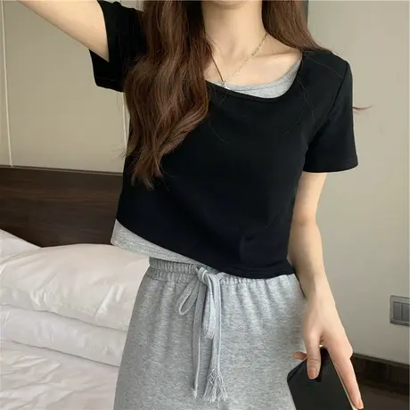 假两件短袖别致T恤女夏季辣妹不规则修身显瘦短款设计感小众上衣商品大图