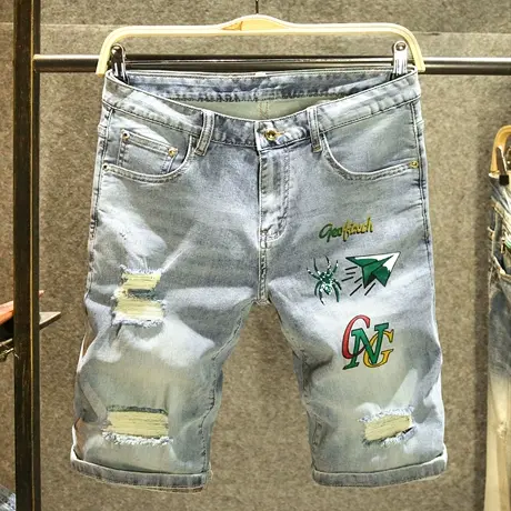 潮牌印花时尚牛仔短裤男款夏季破洞痞帅裤子男五分裤百搭休闲中裤商品大图