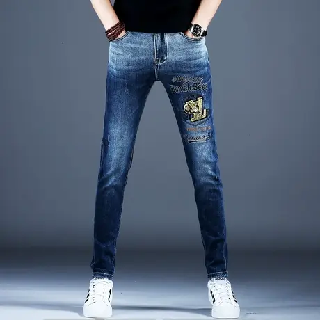 时尚刺绣牛仔裤男款小脚修身新款秋冬裤子潮流男美式高街磨白撞色商品大图