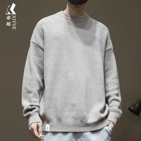 希越650g重磅内搭毛衣秋冬季日系男士圆领长袖打底衫宽松大码加肥商品大图