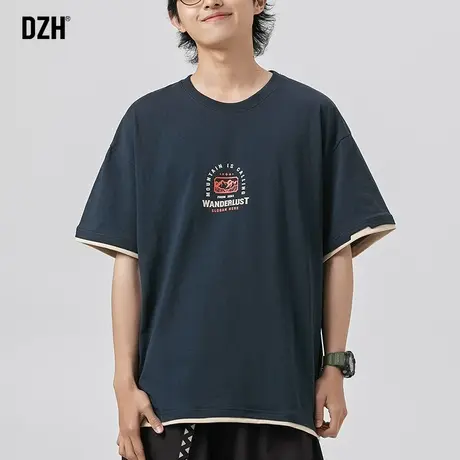 男士假两件t恤男短袖潮牌美式印花纯棉夏天体恤男款2023新款半袖商品大图