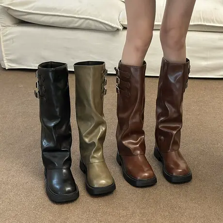 长筒靴女2023春秋季新款超火时尚小众设计感西部牛仔靴粗跟骑士靴商品大图