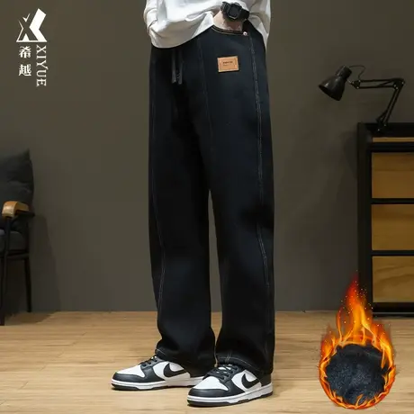 希越水貂绒美式复古牛仔裤秋冬季宽松大码加绒加厚男士休闲长裤子商品大图