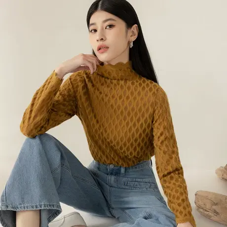 桔熊秋冬季磨毛蕾丝打底衫弹力半高领透肤长袖上衣女大码AB19093商品大图