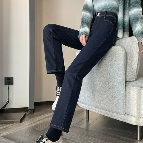 直筒牛仔裤女2023冬季新款高腰显瘦小个子九分裤烟管裤加绒法棍裤商品大图