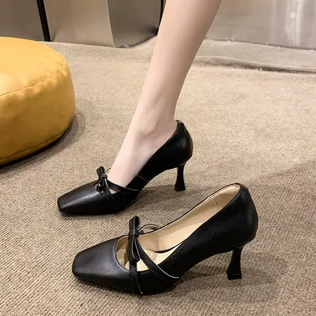 高跟鞋女细跟蝴蝶结浅口单鞋2024新款复古小众方头法式一脚蹬鞋子图片