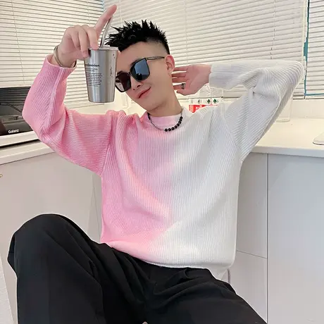 冬季时尚休闲渐变情侣装个性潮牌潮流学生打底衫针织衫男ins毛衣商品大图