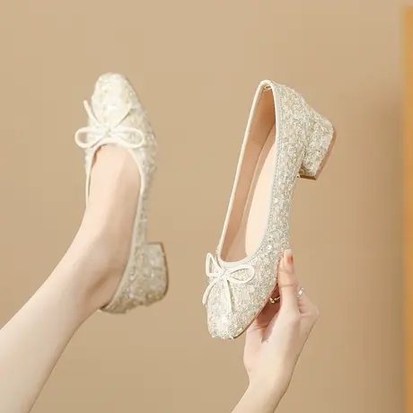 高跟鞋女粗跟2024新款秋冬蝴蝶结闪闪玛丽珍鞋方头中跟单鞋不累脚图片