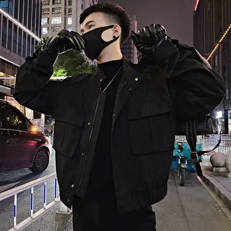 秋季男士夹克条纹外套上衣工装宽松潮流休闲潮牌立体口袋个性百搭商品大图