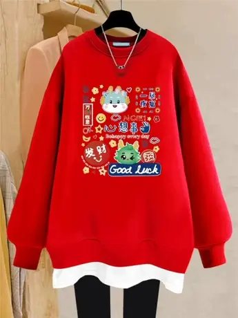 加绒加厚红色假两件圆领卫衣2024新款秋冬季宽松龙年本命年衣服女商品大图