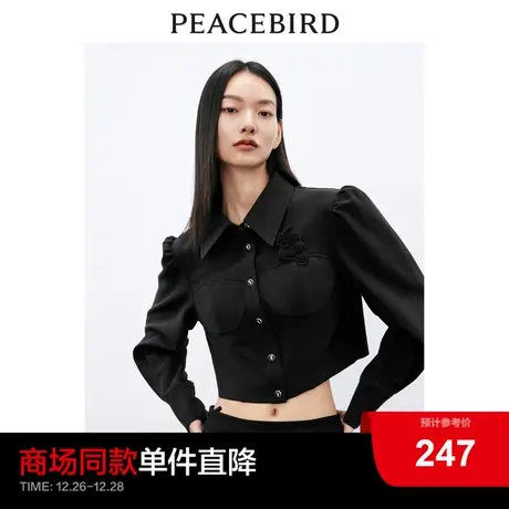 太平鸟黑色沃克衬衫式外套女2024春装新款短款小个子外套女时尚图片