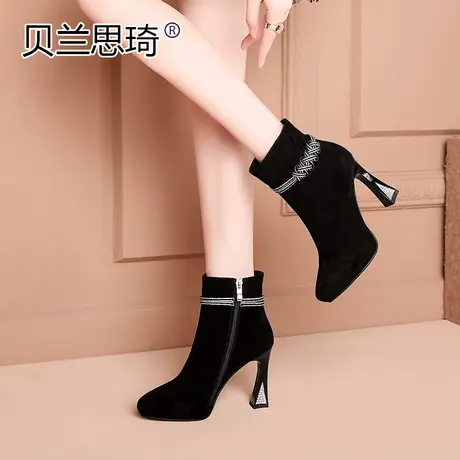 磨砂真皮水钻防水台高跟短靴2020冬季新款加绒女鞋尖头高跟踝靴子图片