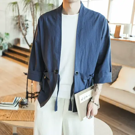 复古青年薄款外浮世绘套道袍中国风汉服纯棉上衣中袖开衫对襟和服图片