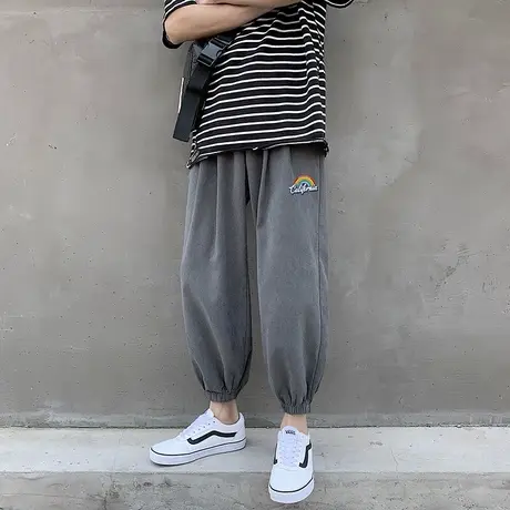 夏季日系薄款彩虹贴标束脚九分裤子男韩版潮流大码宽松阔腿运动裤商品大图