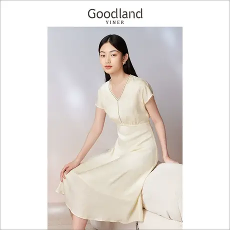 【醋酸系列】Goodland美地女装2023夏季钉钻V领垂感连衣裙商品大图