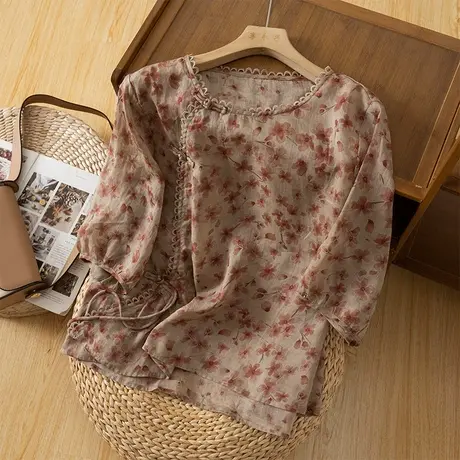 享永子碎花苎麻上衣女文艺复古棉麻小衫气质宽松T恤2023夏季新款商品大图