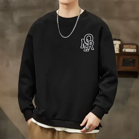 春季2024新款男士潮牌重磅黑色圆领卫衣春秋款情侣假两件长袖上衣商品大图