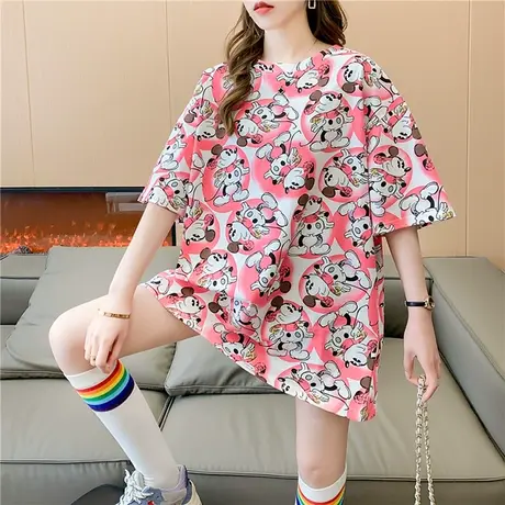 2024春夏新款中长款宽松大版通勤短袖t恤女小众上衣圆领半袖上衣图片