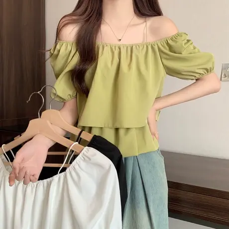 甜辣妹一字肩吊带上衣女夏季韩版宽松显瘦短款泡泡袖衬衫纯欲性感商品大图