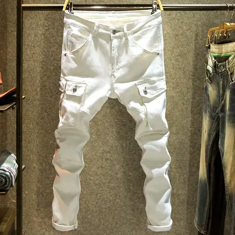 2025新款白色高端工装牛仔裤男潮牌修身小脚裤时尚潮流百搭裤子男图片