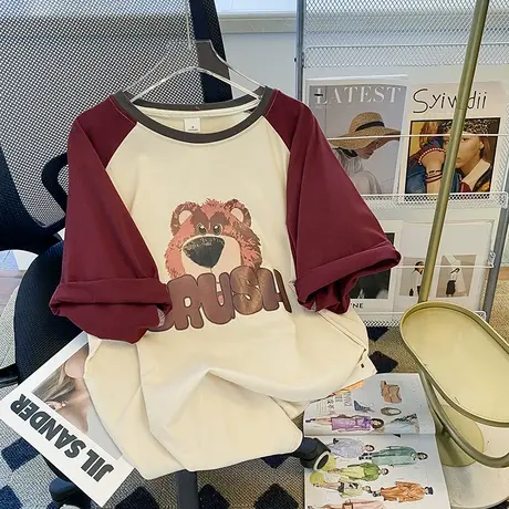 纯棉美式复古撞色印花小熊短袖t恤女夏季ins潮宽松设计感小众上衣图片