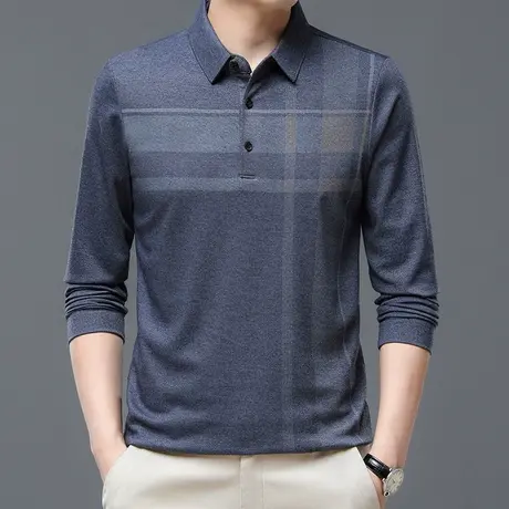 商务休闲长袖t恤男士polo衫秋季新款条纹中青年爸爸装上衣服体恤商品大图