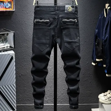 春夏款黑色潮牌牛仔裤男修身小脚百搭男士休闲长裤子男士韩版潮流商品大图