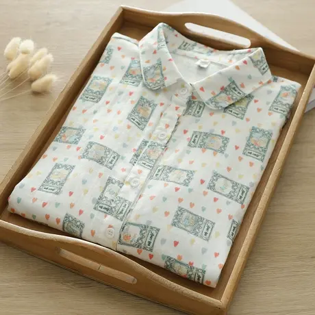 春秋季文艺小清新爱心印花双层纱纯棉长袖衬衫女宽松休闲百搭上衣图片